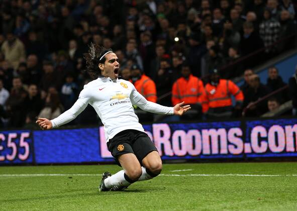Manchester United ManU s Radamel Falcao celebrates scoring his sides opening goal Barclays Premier League - Aston Villa vs Manchester United - Villa Park - England - 19th December 2014 - Picture DavidKlein Sportimage EDITORIAL USE ONLY. No use with unauthorised audio, video, data, fixture lists, club league logos or live services. Online in-match use limited to 120 images, no video emulation. No use in betting, games or single club league player publications.