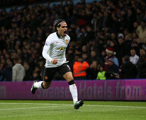 Manchester United ManU s Radamel Falcao celebrates scoring his sides opening goal Barclays Premier League - Aston Villa vs Manchester United - Villa Park - England - 19th December 2014 - Picture DavidKlein Sportimage EDITORIAL USE ONLY. No use with unauthorised audio, video, data, fixture lists, club league logos or live services. Online in-match use limited to 120 images, no video emulation. No use in betting, games or single club league player publications.