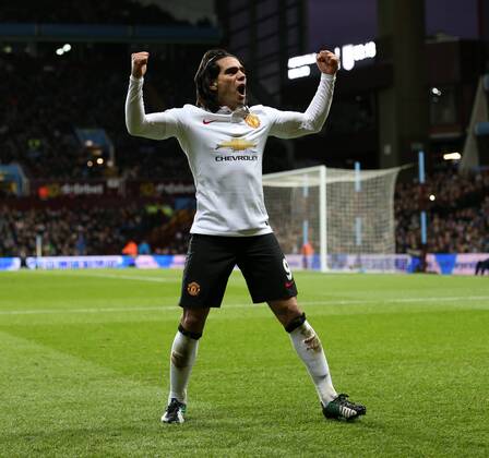 Manchester United ManU s Radamel Falcao celebrates scoring his sides opening goal Barclays Premier League - Aston Villa vs Manchester United - Villa Park - England - 19th December 2014 - Picture DavidKlein Sportimage EDITORIAL USE ONLY. No use with unauthorised audio, video, data, fixture lists, club league logos or live services. Online in-match use limited to 120 images, no video emulation. No use in betting, games or single club league player publications.