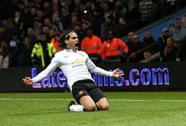 Manchester United ManU s Radamel Falcao celebrates scoring his sides opening goal Barclays Premier League - Aston Villa vs Manchester United - Villa Park - England - 19th December 2014 - Picture DavidKlein Sportimage EDITORIAL USE ONLY. No use with unauthorised audio, video, data, fixture lists, club league logos or live services. Online in-match use limited to 120 images, no video emulation. No use in betting, games or single club league player publications.