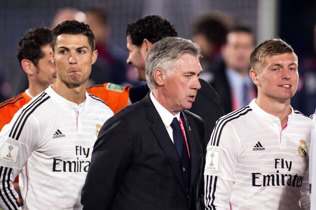 (L-R) Cristiano Ronaldo, Carlo Ancelotti, Toni Kroos (Real), DECEMBER 20, 2014 - Football Soccer : Real Madrid head coach Carlo Ancelotti after winning the FIFA Club World Cup Morocco 2014 Final match between Real Madrid 2-0 San Lorenzo at Stade de Marrakech in Marrakesh, Morocco. Noxthirdxpartyxsales  (ptmb068735)