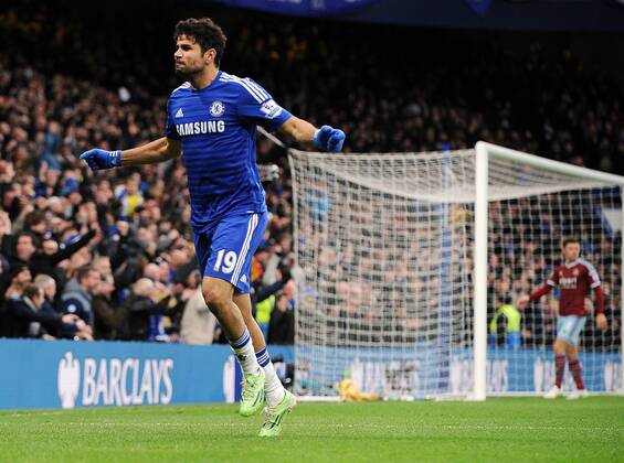 Diego Costa of Chelsea celebrates scoring his goal to make it 2-0 - Barclays Premier League - Chelsea vs West Ham United - Stamford Bridge Stadium - London - England - 26th December 2014 - Pic Robin Parker Sportimage EDITORIAL USE ONLY. No use with unauthorised audio, video, data, fixture lists, club league logos or live services. Online in-match use limited to 120 images, no video emulation. No use in betting, games or single club league player publications. DSC_3059