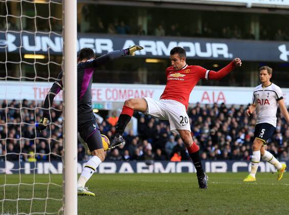 Tottenham s Hugo Lloris saves from Manchester United ManU s Robin Van Persie Barclays Premier League - Tottenham Hotspur vs Manchester United - White Hart Lane - England - 28th December 2014 - Picture David Klein Sportimage EDITORIAL USE ONLY. No use with unauthorised audio, video, data, fixture lists, club league logos or live services. Online in-match use limited to 120 images, no video emulation. No use in betting, games or single club league player publications.