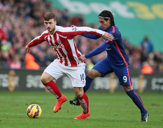 Aktuell Fußball, England, Premier League, Stoke City - Manchester United Marko Arnautovic of Stoke City and Radamel Falcao of Manchester United ManU - Barclays Premier League - Stoke City vs Manchester Utd - Stoke - England - 1st January 2015 - Picture Simon Bellis Sportimage EDITORIAL USE ONLY. No use with unauthorised audio, video, data, fixture lists, club league logos or live services. Online in-match use limited to 120 images, no video emulation. No use in betting, games or single club league player publications.