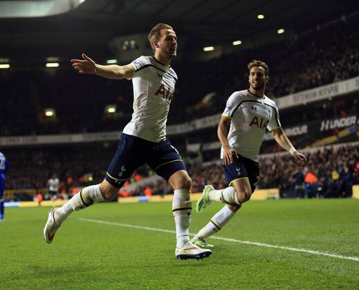 Tottenham s Harry Kane celebrates scoring his sides fourth goal Barclays Premier League - Tottenham Hotspur vs Chelsea - White Hart Lane - England - 1st January 2015 - Picture David Klein Sportimage EDITORIAL USE ONLY. No use with unauthorised audio, video, data, fixture lists, club league logos or live services. Online in-match use limited to 120 images, no video emulation. No use in betting, games or single club league player publications.