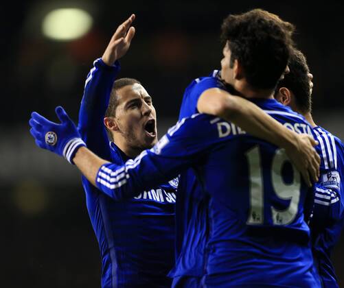 Chelsea s Eden Hazard celebrates his sides opening goal Barclays Premier League - Tottenham Hotspur vs Chelsea - White Hart Lane - England - 1st January 2015 - Picture David Klein Sportimage EDITORIAL USE ONLY. No use with unauthorised audio, video, data, fixture lists, club league logos or live services. Online in-match use limited to 120 images, no video emulation. No use in betting, games or single club league player publications.