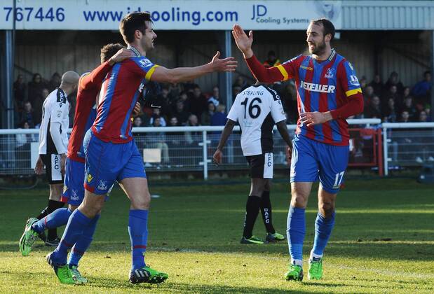 Football - 2014 2015 FA Cup - Third Round: Dover Athletic vs. Crystal Palace Palace s Scott Dann celebrates his goal with Glenn Murray at the Crabble Athletic Ground. COLORSPORT ANDREW COWIE