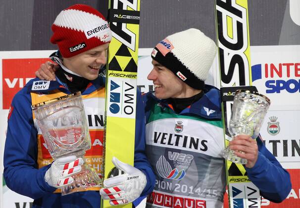 NORDIC SKIING - FIS WC Bischofshofen, Four Hills Tournament BISCHOFSHOFEN,AUSTRIA,06.JAN.15 - NORDIC SKIING, Ski jumping Skispringen Ski nordisch - FIS World Cup, Four Hills Tournament, large hill, men. Image shows Michael Hayböck and Stefan Kraft (AUT).
