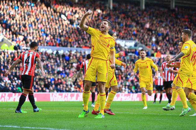 Steven Gerrard of Liverpool punches the air in celebration following Lazar Markovic s opening goal - Sunderland vs. Liverpool - Barclay s Premier League - Stadium of Light - Sunderland - 10 01 2015 Pic Philip Oldham Sportimage EDITORIAL USE ONLY. No use with unauthorised audio, video, data, fixture lists, club league logos or live services. Online in-match use limited to 120 images, no video emulation. No use in betting, games or single club league player publications.