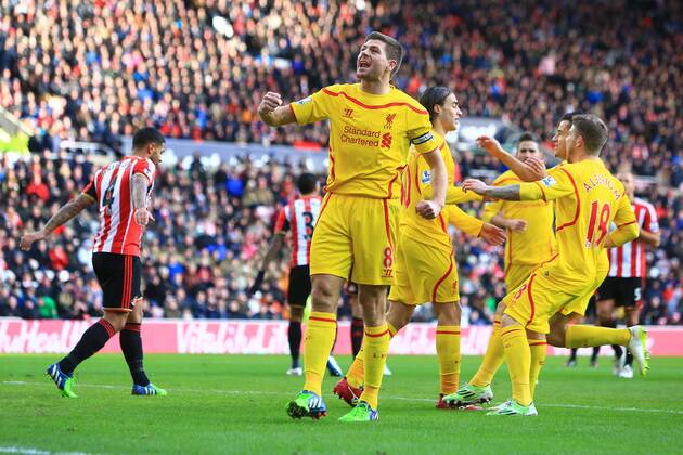 Steven Gerrard of Liverpool punches the air in celebration following Lazar Markovic s opening goal - Sunderland vs. Liverpool - Barclay s Premier League - Stadium of Light - Sunderland - 10 01 2015 Pic Philip Oldham Sportimage EDITORIAL USE ONLY. No use with unauthorised audio, video, data, fixture lists, club league logos or live services. Online in-match use limited to 120 images, no video emulation. No use in betting, games or single club league player publications.