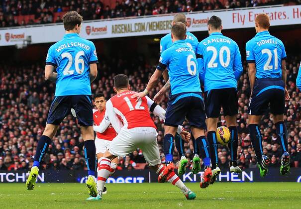 Arsenal s Alexis Sanchez scoring his sides third goal Premier League - Arsenal vs Stoke City - Emirates Stadium - England - 11th January 2015 - Picture David Klein Sportimage EDITORIAL USE ONLY. No use with unauthorised audio, video, data, fixture lists, club league logos or live services. Online in-match use limited to 120 images, no video emulation. No use in betting, games or single club league player publications.