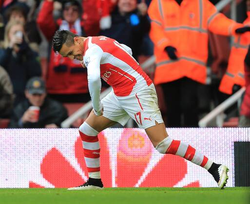 Arsenal s Alexis Sanchez celebrates scoring his sides third goal Premier League - Arsenal vs Stoke City - Emirates Stadium - England - 11th January 2015 - Picture David Klein Sportimage EDITORIAL USE ONLY. No use with unauthorised audio, video, data, fixture lists, club league logos or live services. Online in-match use limited to 120 images, no video emulation. No use in betting, games or single club league player publications.