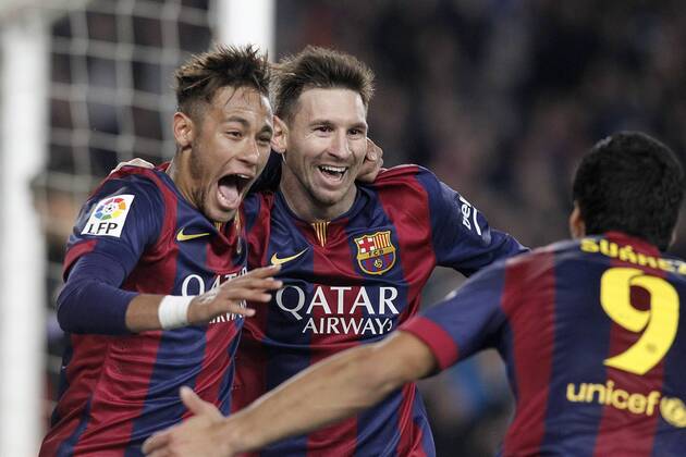 Aktuell Fußball, Spanien, Primera Division, FC Barcelona - Atletico Madrid FC Barcelona Barca s Leo Messi (c), Neymar Santos Jr (l) and Luis Suarez celebrate goal during La Liga match.January 11,2015.  (2015011181)