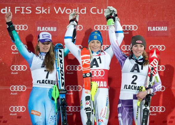 13.01.2015, HermannMaier Weltcupstrecke, Flachau, AUT, FIS Weltcup Ski Alpin, Flachau, Damen, Slalom, Siegerehrung, im Bild v.l.: Tina Maze (SLO, 2. Platz), Frida Hansdotter (SWE, 1. Platz), Mikaela Shiffrin (USA, 3. Platz) f.l.: 2nd placed Tina Maze of Slovenia Winner Frida Hansdotter of Sweden and 3rd placed Mikaela Shiffrin of the USA Celebrates on podium during victory ceremony after ladie s Slalom of FIS Ski Alpine Worldcup at the HermannMaier Weltcupstrecke in Flachau, Austria on 2015 01 13. EX_GRO