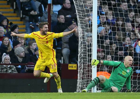 Fabio Borini of Liverpool (l) turns to celebrate scoring the first goal - Barclays Premier League - Aston Villa vs Liverpool - Villa Park Stadium - Birmingham - England - 17th January 2015 - Picture Simon Bellis Sportimage EDITORIAL USE ONLY. No use with unauthorised audio, video, data, fixture lists, club league logos or live services. Online in-match use limited to 120 images, no video emulation. No use in betting, games or single club league player publications.