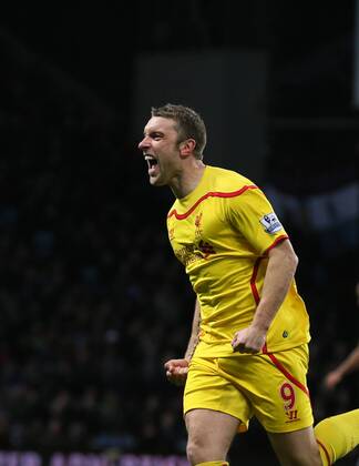 Rickie Lambert of Liverpool celebrates scoring the second goal - Barclays Premier League - Aston Villa vs Liverpool - Villa Park Stadium - Birmingham - England - 17th January 2015 - Picture Simon Bellis Sportimage EDITORIAL USE ONLY. No use with unauthorised audio, video, data, fixture lists, club league logos or live services. Online in-match use limited to 120 images, no video emulation. No use in betting, games or single club league player publications.