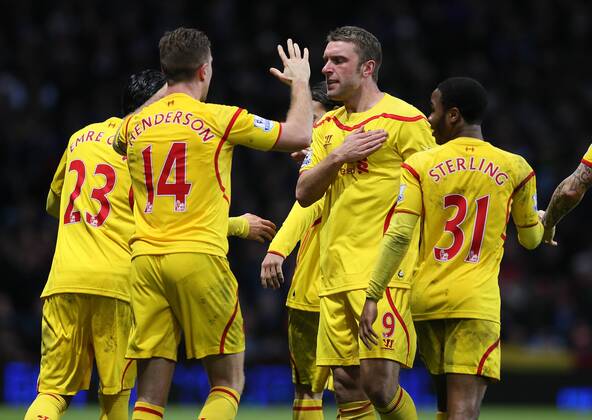 Rickie Lambert of Liverpool celebrates scoring the second goal - Barclays Premier League - Aston Villa vs Liverpool - Villa Park Stadium - Birmingham - England - 17th January 2015 - Picture Simon Bellis Sportimage EDITORIAL USE ONLY. No use with unauthorised audio, video, data, fixture lists, club league logos or live services. Online in-match use limited to 120 images, no video emulation. No use in betting, games or single club league player publications.