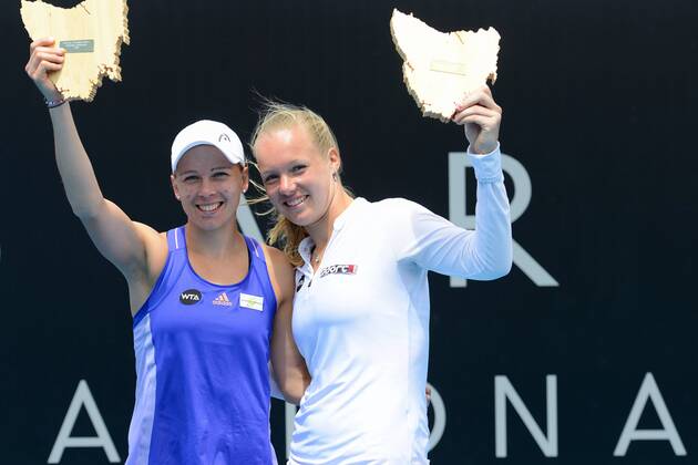 Jan 17, 2015 - Hobart, Tasmania, Australia - Doubles champs JOHANNA LARSSON of Sweden (left) and KIKI BERTENS of The Netherlands (right) pose with their trophies after winning the Hobart International Tennis tournament at the Domain Tennis Centre. Tennis 2015 - Hobart International - Day 7 - ZUMAl132