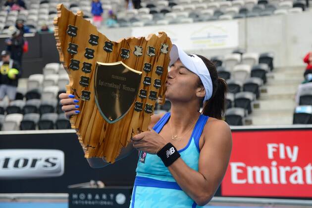 HEATHER WATSON of Great Britain poses with her trophy at the Hobart International Tennis tournament at the Domain Tennis Centre. Tennis 2015 - Heather Watson Wins Hobart International Tennis 2015 - Heather Watson Wins Hobart International - ZUMAl132