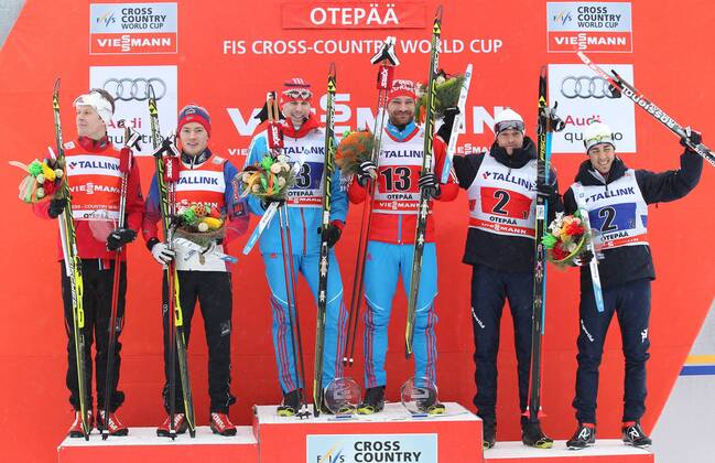 NORDIC SKIING - FIS WC Otepaeae OTEPAEAE,ESTONIA,18.JAN.15 - NORDIC SKIING, CROSS COUNTRY SKIING - FIS World Cup, team sprint, men, award ceremony. Image shows Anders Gloeersen, Finn Haagen Krogh (NOR), Sergey Ustiugov, Alexey Petukhov (RUS) and Dietmar Noeckler, Federico Pellegrino (ITA).