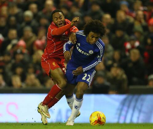 Raheem Sterling of Liverpool tussles with Willian of Chelsea - Capital One Cup - Semi Final First Leg - Liverpool vs Chelsea - Anfield Stadium - Liverpool - England - 20th January 2015 - Picture Simon Bellis Sportimage EDITORIAL USE ONLY. No use with unauthorised audio, video, data, fixture lists, club league logos or live services. Online in-match use limited to 120 images, no video emulation. No use in betting, games or single club league player publications.