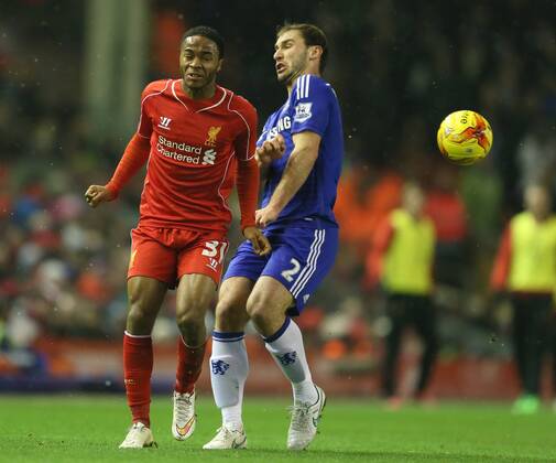 Raheem Sterling of Liverpool tussles with Branislav Ivanovic of Chelsea - Capital One Cup - Semi Final First Leg - Liverpool vs Chelsea - Anfield Stadium - Liverpool - England - 20th January 2015 - Picture Simon Bellis Sportimage EDITORIAL USE ONLY. No use with unauthorised audio, video, data, fixture lists, club league logos or live services. Online in-match use limited to 120 images, no video emulation. No use in betting, games or single club league player publications.