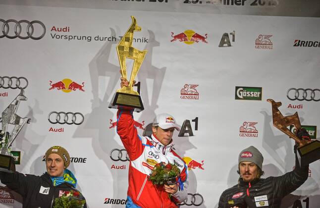 ALPINE SKIING - FIS WC Kitzbuehel KITZBUEHEL,AUSTRIA,23.JAN.15 - ALPINE SKIING - FIS World Cup, Alpine combined, men, award ceremony. Image shows Marcel Hirscher (AUT), Alexis Pinturault (FRA) and Ondrej Bank (CZE). Keywords: trophy.