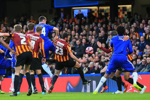 Chelsea s Gary Cahill scoring his sides opening goal FA Cup Fourth Round - Chelsea vs Bradford City - Stamford Bridge - England - 24th January 2015 - Picture David Klein Sportimage EDITORIAL USE ONLY. No use with unauthorised audio, video, data, fixture lists, club league logos or live services. Online in-match use limited to 120 images, no video emulation. No use in betting, games or single club league player publications.