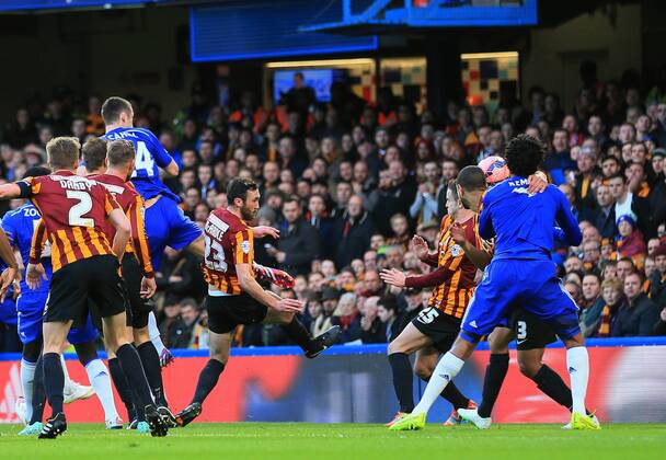 Chelsea s Gary Cahill scoring his sides opening goal FA Cup Fourth Round - Chelsea vs Bradford City - Stamford Bridge - England - 24th January 2015 - Picture David Klein Sportimage EDITORIAL USE ONLY. No use with unauthorised audio, video, data, fixture lists, club league logos or live services. Online in-match use limited to 120 images, no video emulation. No use in betting, games or single club league player publications.