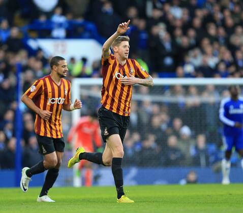 Bradford s Jon Stead celebrates scoring his sides opening goal FA Cup Fourth Round - Chelsea vs Bradford City - Stamford Bridge - England - 24th January 2015 - Picture David Klein Sportimage EDITORIAL USE ONLY. No use with unauthorised audio, video, data, fixture lists, club league logos or live services. Online in-match use limited to 120 images, no video emulation. No use in betting, games or single club league player publications.