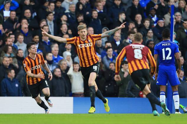 Bradford s Jon Stead celebrates scoring his sides opening goal FA Cup Fourth Round - Chelsea vs Bradford City - Stamford Bridge - England - 24th January 2015 - Picture David Klein Sportimage EDITORIAL USE ONLY. No use with unauthorised audio, video, data, fixture lists, club league logos or live services. Online in-match use limited to 120 images, no video emulation. No use in betting, games or single club league player publications.
