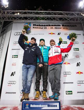 24.01.2015, Zielhaus, Kitzbuehel, AUT, FIS Ski Weltcup, Abfahrt, Herren, Siegerehrung, im Bild v.l. Guillermo Fayed (FRA, 3. Platz), Kjetil Jansrud (NOR, 1. Platz), Dominik Paris (ITA, 2. Platz) 3rd placed Guillermo Fayed of France, 1st placed Kjetil Jansrud of Norway, 2nd placed Dominik Paris of Italy celebrates on podium during the award ceremony for the men s downhill of Kitzbuehel FIS Ski Alpine World Cup at the Zielhaus in Kitzbuehel, Austria on 2015 01 24.  EX_GRO  