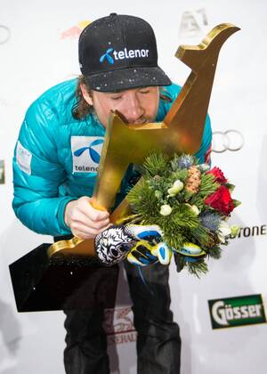 24.01.2015, Zielhaus, Kitzbuehel, AUT, FIS Ski Weltcup, Abfahrt, Herren, Siegerehrung, im Bild Kjetil Jansrud (NOR, 1. Platz) 1st placed Kjetil Jansrud of Norway celebrates on podium during the award ceremony for the men s downhill of Kitzbuehel FIS Ski Alpine World Cup at the Zielhaus in Kitzbuehel, Austria on 2015 01 24.  EX_GRO  