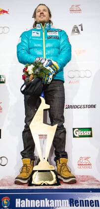 24.01.2015, Zielhaus, Kitzbuehel, AUT, FIS Ski Weltcup, Abfahrt, Herren, Siegerehrung, im Bild Kjetil Jansrud (NOR, 1. Platz) 1st placed Kjetil Jansrud of Norway celebrates on podium during the award ceremony for the men s downhill of Kitzbuehel FIS Ski Alpine World Cup at the Zielhaus in Kitzbuehel, Austria on 2015 01 24.  EX_GRO  