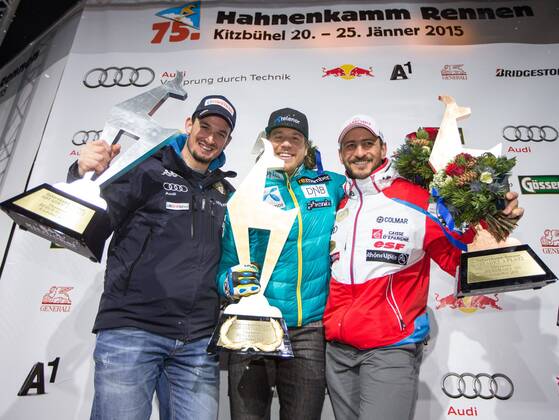 24.01.2015, Zielhaus, Kitzbuehel, AUT, FIS Ski Weltcup, Abfahrt, Herren, Siegerehrung, im Bild v.l. Guillermo Fayed (FRA, 3. Platz), Kjetil Jansrud (NOR, 1. Platz), Dominik Paris (ITA, 2. Platz) 3rd placed Guillermo Fayed of France, 1st placed Kjetil Jansrud of Norway, 2nd placed Dominik Paris of Italy celebrates on podium during the award ceremony for the men s downhill of Kitzbuehel FIS Ski Alpine World Cup at the Zielhaus in Kitzbuehel, Austria on 2015 01 24.  EX_GRO  