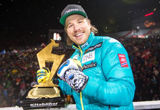 24.01.2015, Zielhaus, Kitzbuehel, AUT, FIS Ski Weltcup, Abfahrt, Herren, Siegerehrung, im Bild Kjetil Jansrud (NOR, 1. Platz) 1st placed Kjetil Jansrud of Norway celebrates on podium during the award ceremony for the men s downhill of Kitzbuehel FIS Ski Alpine World Cup at the Zielhaus in Kitzbuehel, Austria on 2015 01 24.  EX_GRO  
