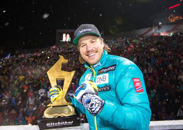 24.01.2015, Zielhaus, Kitzbuehel, AUT, FIS Ski Weltcup, Abfahrt, Herren, Siegerehrung, im Bild Kjetil Jansrud (NOR, 1. Platz) 1st placed Kjetil Jansrud of Norway celebrates on podium during the award ceremony for the men s downhill of Kitzbuehel FIS Ski Alpine World Cup at the Zielhaus in Kitzbuehel, Austria on 2015 01 24.  EX_GRO  