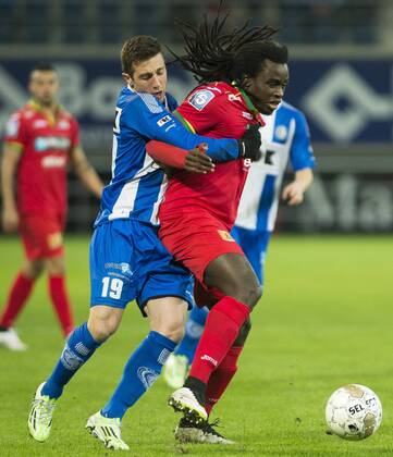 - GENT, BELGIUM: Gent s Brecht Dejaegere and Oostende s Jordan Lukaku fight for the ball during the Jupiler Pro League match between KAA Gent and KV Oostende, in Gent, Sunday 25 January 2015, on day 23 of the Belgian soccer championship. LAURIExDIEFFEMBACQ x04556273x