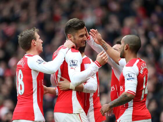 Arsenal s Theo Walcott celebrates scoring his sides third goal with Olivier Giroud Barclays Premier League - Arsenal vs Aston Villa - Emirates Stadium - England - 1st February 2015 - Picture David Klein Sportimage EDITORIAL USE ONLY. No use with unauthorised audio, video, data, fixture lists, club league logos or live services. Online in-match use limited to 120 images, no video emulation. No use in betting, games or single club league player publications.
