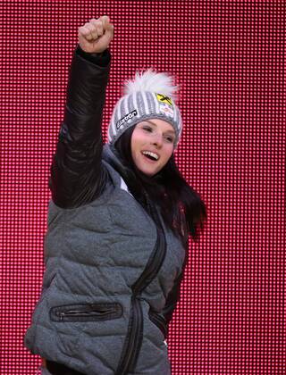 ALPINE SKIING - FIS Ski WC Creek 2015 VAIL,COLORADO,USA,03.FEB.15 - ALPINE SKIING - Super Giant Slalom FIS Alpine World Ski Championships, Raptor, super giant slalom, ladies, Medals Plaza, award ceremony. Image shows the rejoicing of Anna Fenninger (AUT).