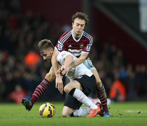 Aktuell Fußball, England, Premier League, West Ham United - Manchester United West Ham s Mark Noble tussles with Manchester United ManU s Luke Shaw Barclays Premier League- West Ham United vs Manchester United - Upton Park - England - 8th February 2015 - Picture David Klein Sportimage EDITORIAL USE ONLY. No use with unauthorised audio, video, data, fixture lists, club league logos or live services. Online in-match use limited to 120 images, no video emulation. No use in betting, games or single club league player publications.