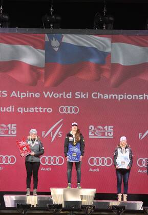 ALPINE SKIING - FIS Ski WC Vail Beaver Creek 2015 VAIL,COLORADO,USA,09.FEB.15 - ALPINE SKIING - FIS Alpine World Ski Championships, Solaris Championships Plaza, award ceremony, Alpine combined, ladies. Image shows Nicole Hosp (AUT), Tina Maze (SLO) and Michaela Kirchgasser (AUT). Keywords: Stoeckli