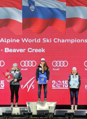 09.02.2015, Solaris Placa, Vail, USA, FIS Weltmeisterschaften Ski Alpin, Vail Beaver Creek 2015, Damen, Kombination, Siegerehrung, im Bild v. l. Nicole Hosp (AUT, 2. Platz), Tina Maze (SLO, 1. Platz), Michaela Kirchgasser (AUT, 3. Platz) second placed Nicole Hosp of Austria ( L ) first placed Tina Maze of Slovenia ( C ) third placed Michaela Kirchgasser of Austria ( R ) during award ceremony for the Ladies Combined competition of FIS Ski World Championships 2015 at the Solaris Placa in Vail, United States on 2015 02 09. EP_gro