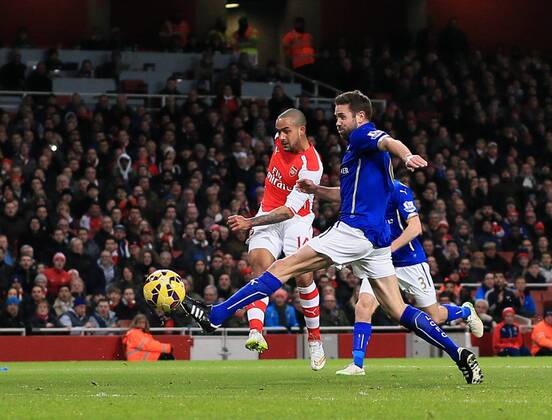 Arsenal s Theo Walcott scoring his sides second goal Barclays Premier League- Arsenal vs Leicester City - Emirates Stadium - England - 10th February 2015 - Picture David Klein Sportimage EDITORIAL USE ONLY. No use with unauthorised audio, video, data, fixture lists, club league logos or live services. Online in-match use limited to 120 images, no video emulation. No use in betting, games or single club league player publications.