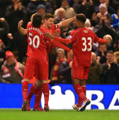 Steven Gerrard of Liverpool celebrates scoring his sides second goal - Liverpool vs. Tottenham Hotspurs - Barclay s Premier League - Anfield - Liverpool - 10 02 2015 Pic Philip Oldham Sportimage EDITORIAL USE ONLY. No use with unauthorised audio, video, data, fixture lists, club league logos or live services. Online in-match use limited to 120 images, no video emulation. No use in betting, games or single club league player publications.