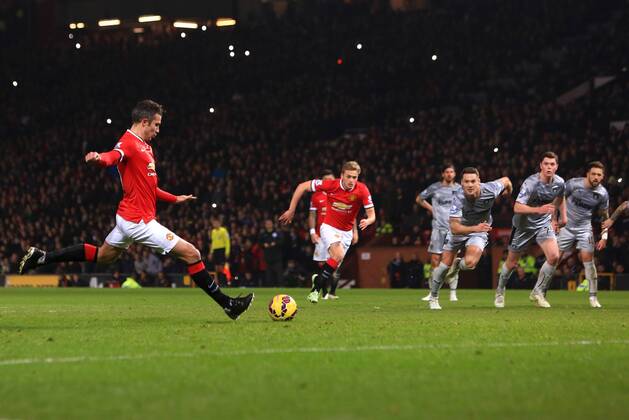 Robin van Persie of Manchester United ManU scores his sides third goal - Manchester United vs. Burnley - Barclay s Premier League - Old Trafford - Manchester - 11 02 2015 Pic Philip Oldham Sportimage EDITORIAL USE ONLY. No use with unauthorised audio, video, data, fixture lists, club league logos or live services. Online in-match use limited to 120 images, no video emulation. No use in betting, games or single club league player publications.