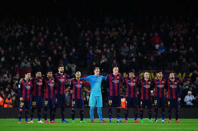 Feb. 11, 2015 - Barcelona, Spain - FC Barcelona team, L-R: Lionel Messi, Dani Alves, Rafinha Alcantara, Gerard Pique, Javier Mascherano, Marc-Andre ter Stegen, Jeremy Mathieu, Luis Suarez, Andres Iniesta, Neymar, Jordi Alba, before the start the match on February 11, 2015, during the Spanish Cup match, disputed in Camp Nou stadium, Barcelona. - ZUMAn230