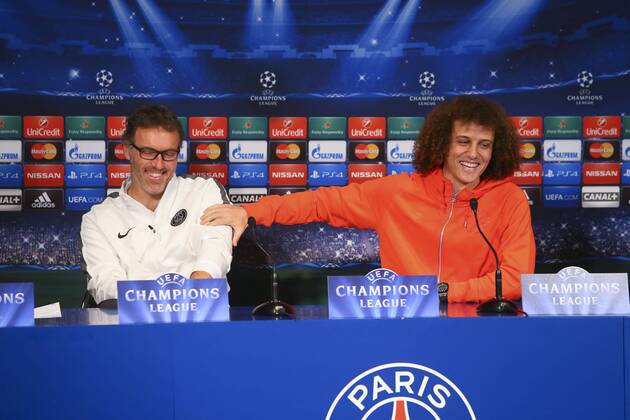 Laurent Blanc et David Luiz FOOTBALL : Conference de Presse du PSG - Champions League - 16 02 2015 GwendolineLeGoff Panoramic 