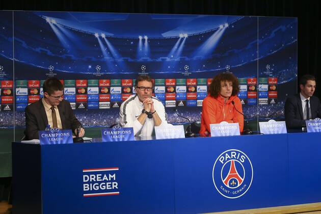 Laurent Blanc et David Luiz FOOTBALL : Conference de Presse du PSG - Champions League - 16 02 2015 GwendolineLeGoff Panoramic 