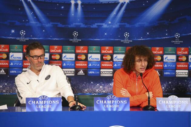 Laurent Blanc et David Luiz FOOTBALL : Conference de Presse du PSG - Champions League - 16 02 2015 GwendolineLeGoff Panoramic 